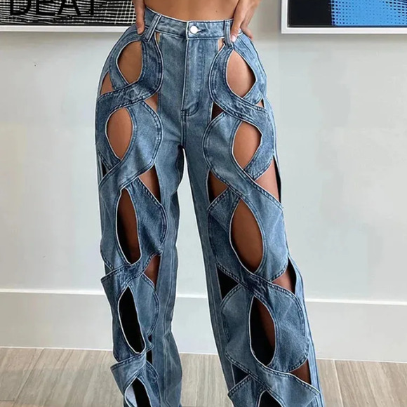 DEAT Hollow Cut Out Stretch Straight High Waist Wide Leg Denim Jeans Womens 8 - Picture 1 of 14